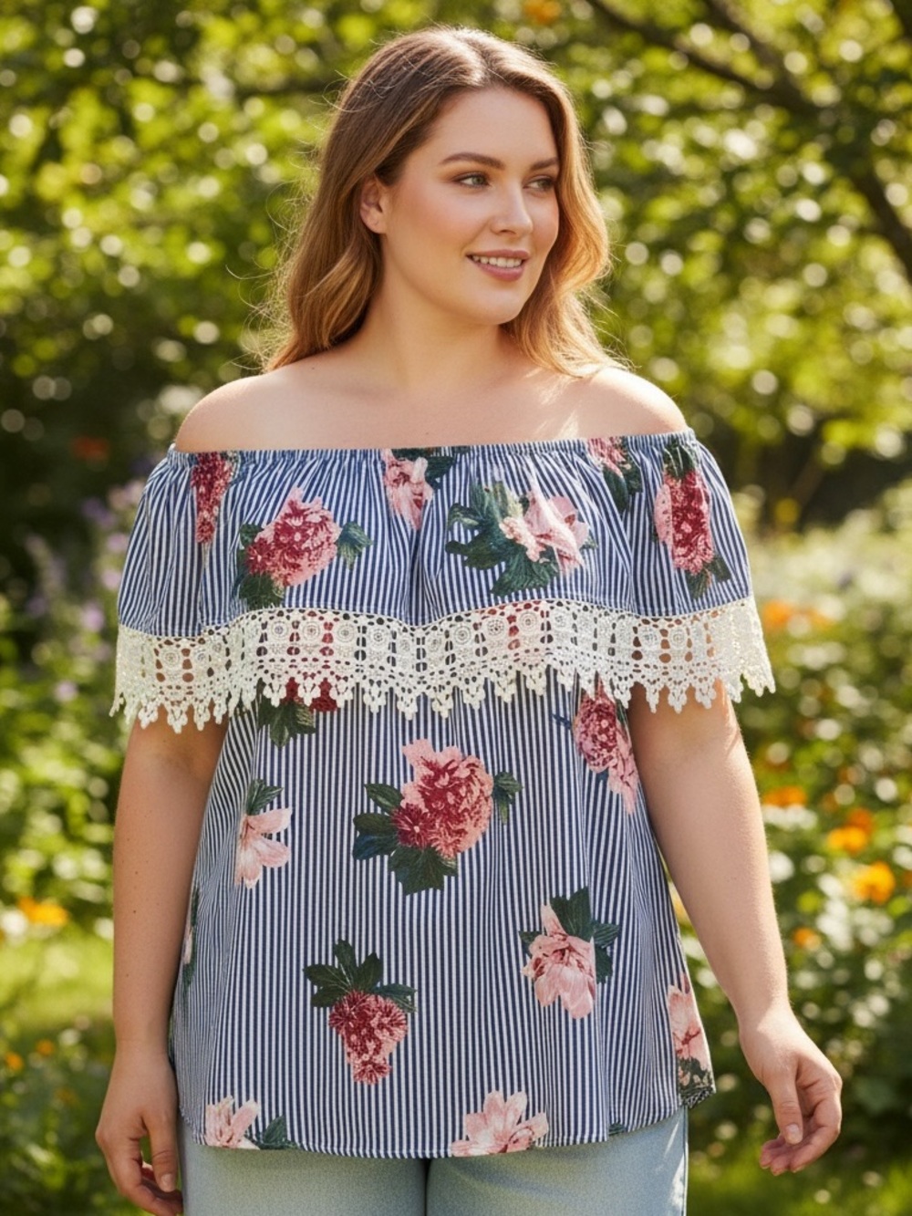 Off-Shoulder Blue Striped Floral Top with Lace Trim